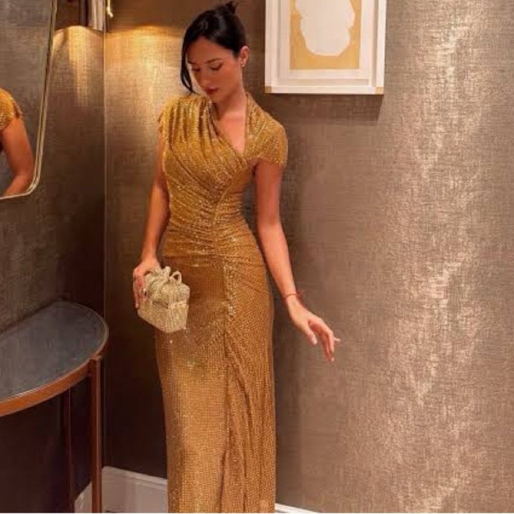 Self Portrait Gold Rhinestone Drape Maxi Dress US 4